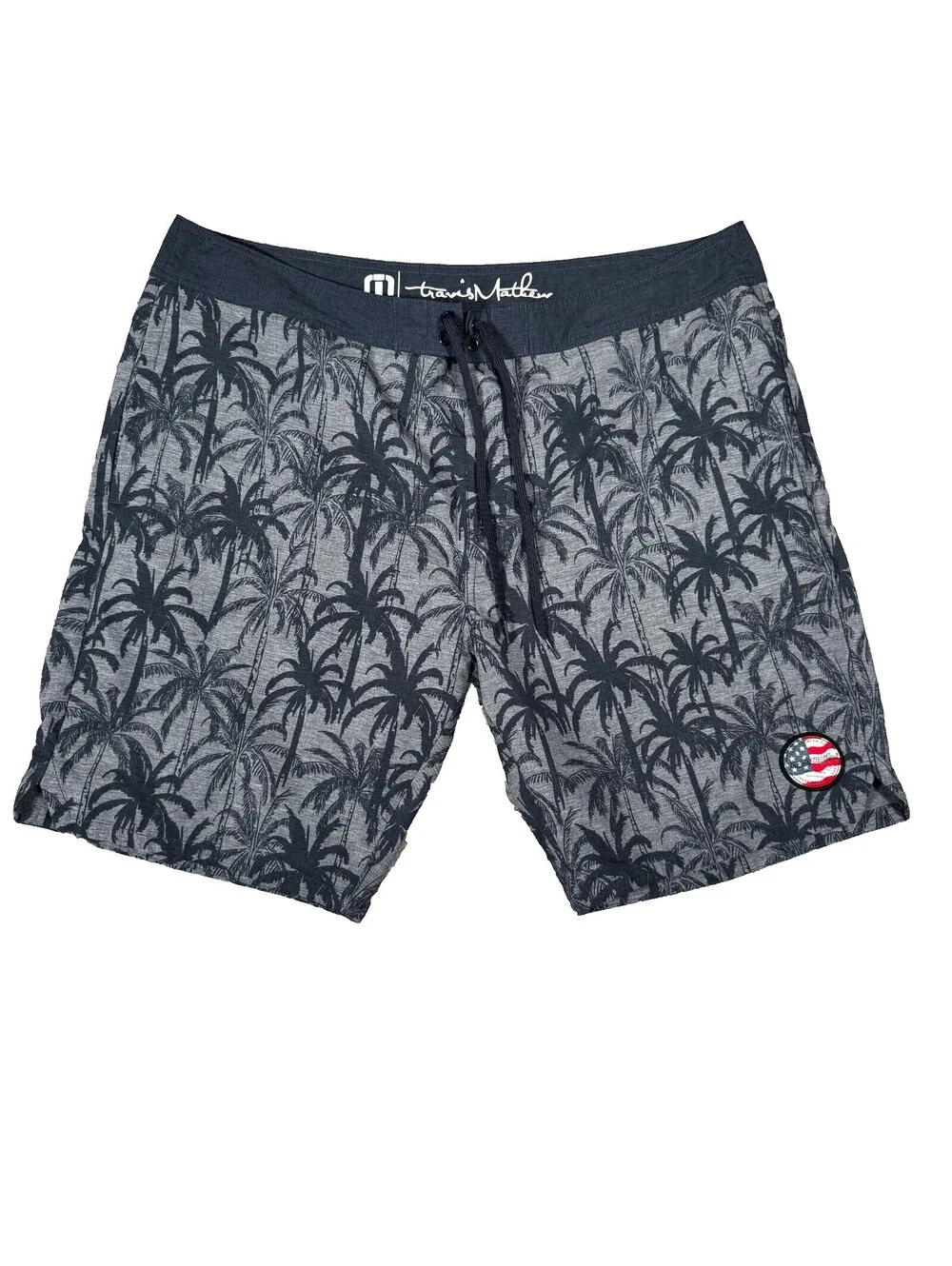 Travis Mathew Board Shorts Size 42 Surf Swim Casual Men's Palm Trees Flag Gray